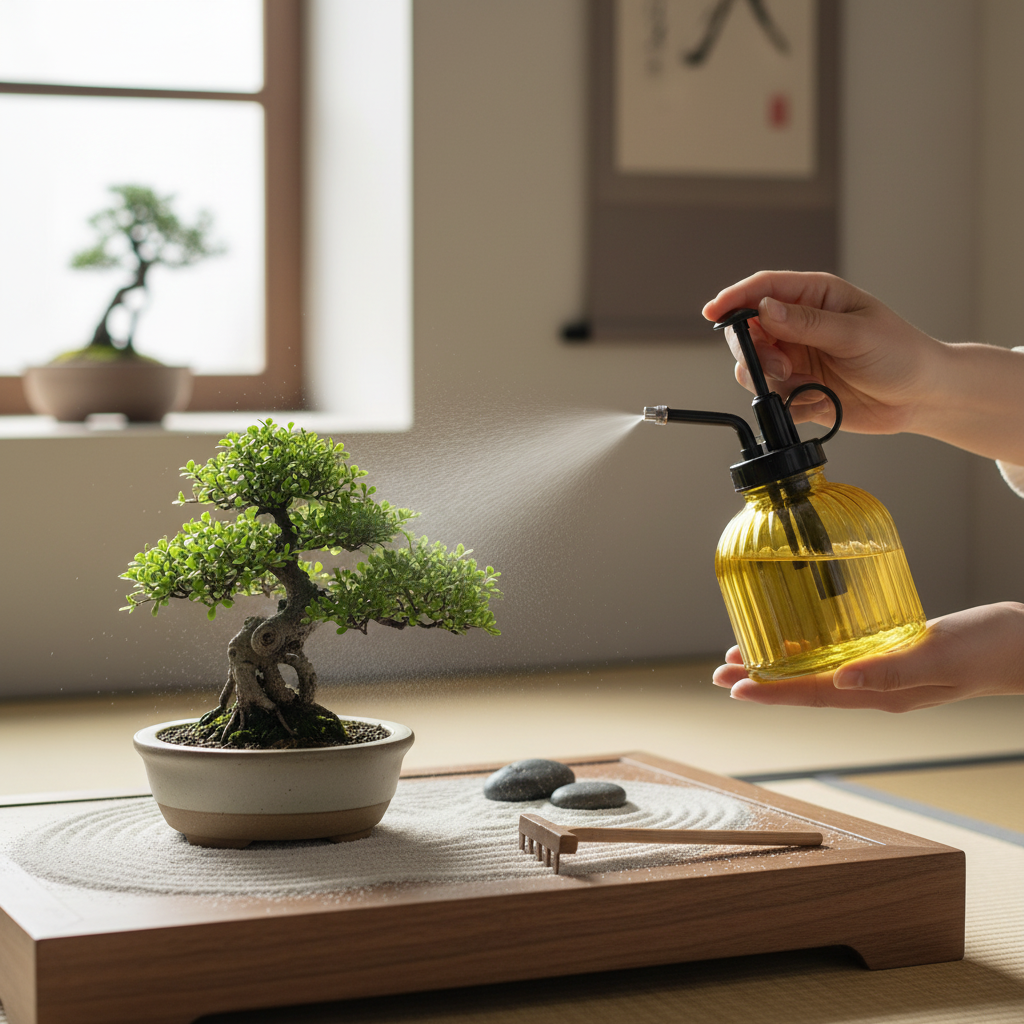Hands misting delicate bonsai tree with yellow ribbed glass plant mister on minimalist wooden display table with zen garden
