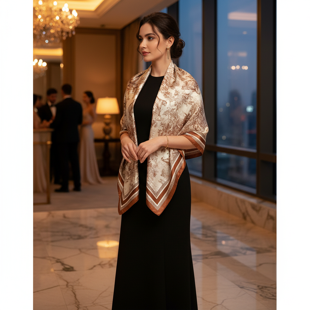 Woman wearing brown beige jungle safari animal wildlife print 35 inch square scarf draped over shoulders as shawl with black dress evening setting