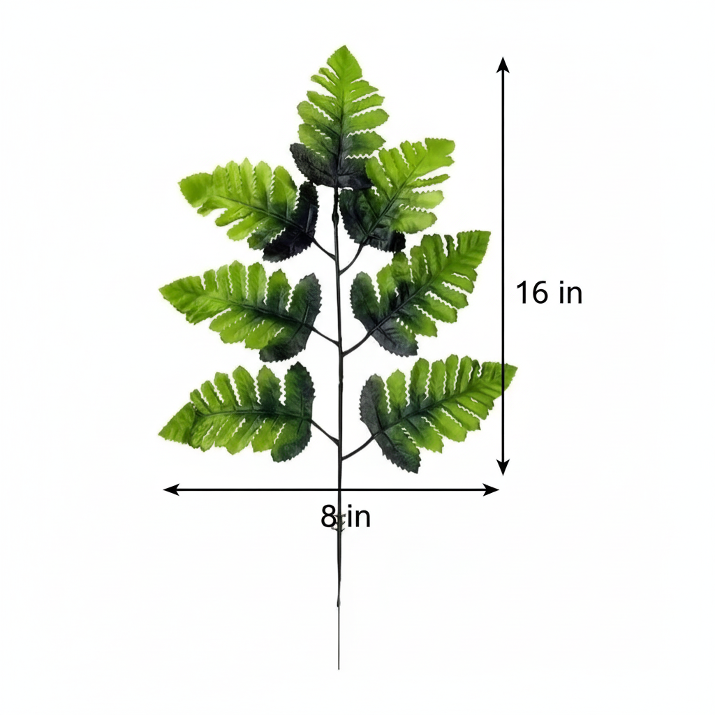 Artificial fern stem measurement diagram showing 16 inches tall by 8 inches wide