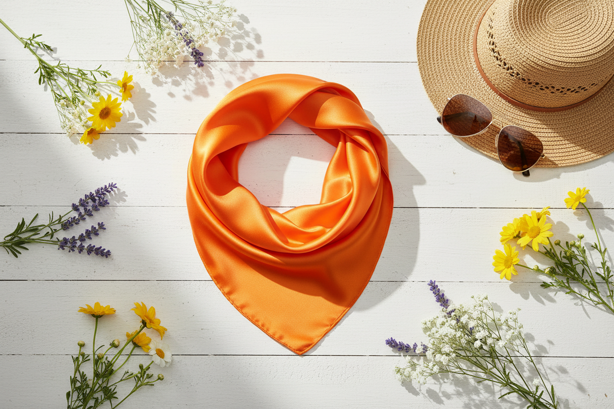 Orange wild rag summer flat lay with straw hat, sunglasses, and wildflowers on white wood