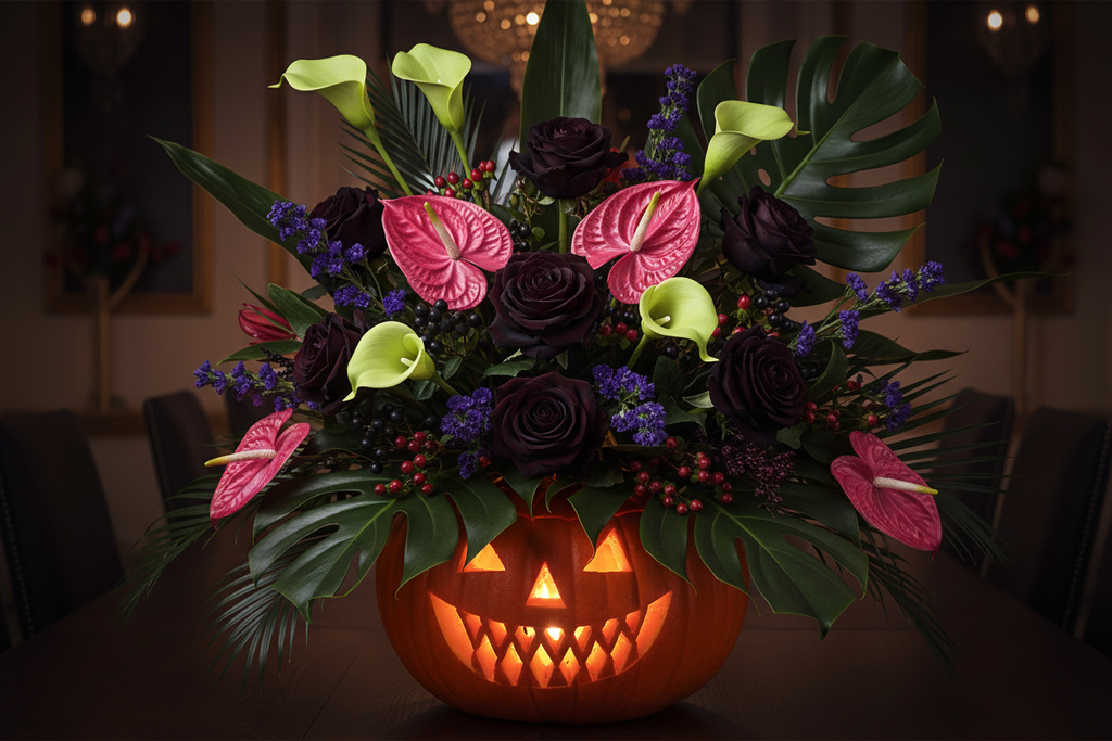 Dramatic Halloween tropical arrangement with 5 lime green artificial calla lily stems, near-black roses, hot pink anthuriums, and dark purple statice spilling from a carved glowing pumpkin with candlelight ambiance