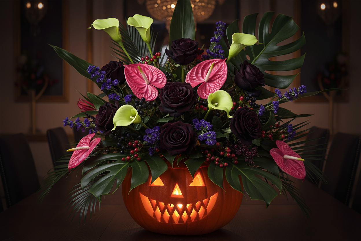 Dramatic Halloween tropical arrangement with 5 lime green artificial calla lily stems, near-black roses, hot pink anthuriums, and dark purple statice spilling from a carved glowing pumpkin with candlelight ambiance