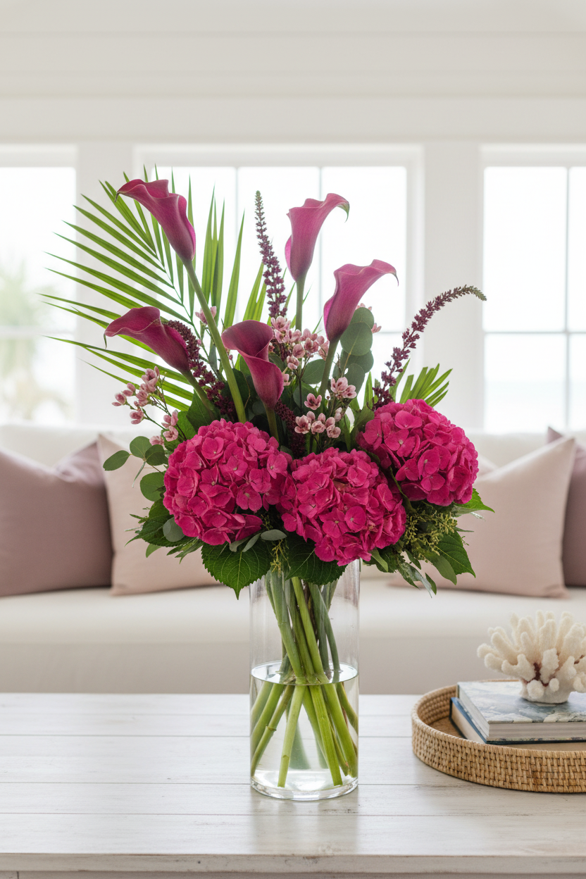 Plum purple calla lily coastal arrangement in clear glass vase with hot pink hydrangea on whitewashed coffee table - lifestyle home decor