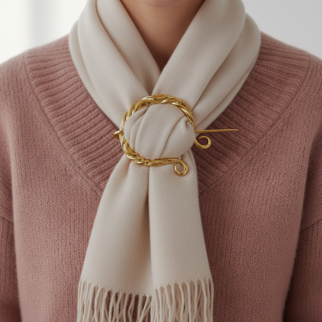 Gold vine brooch scarf clip holding cream cashmere scarf on blush pink cardigan