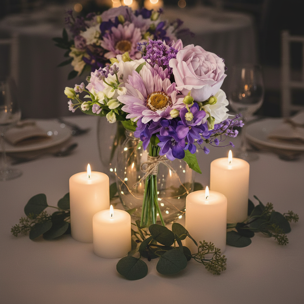 Lavender purple artificial bouquet styled as wedding table centerpiece with candles and greenery
