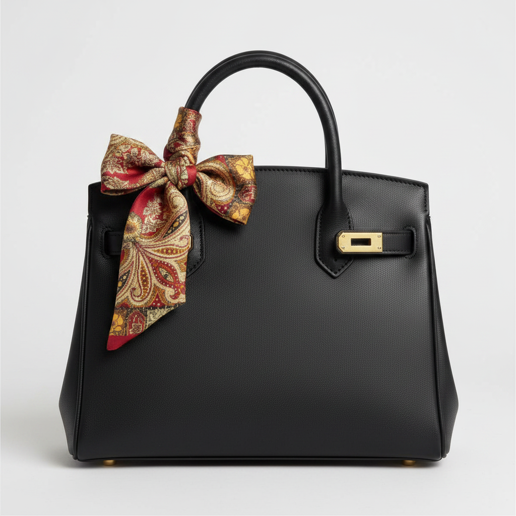 Burgundy red gold paisley floral satin scarf tied as a bow on a luxury handbag handle – boutique bag accent