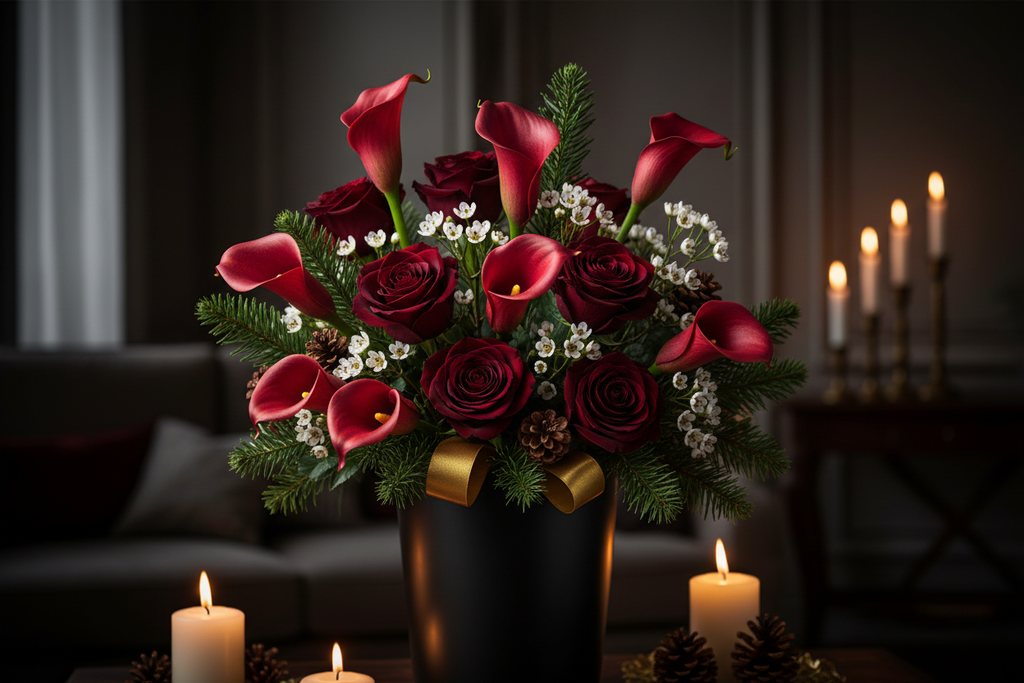 Midnight Christmas arrangement featuring deep true red artificial calla lily stems with near-black roses, pine branches, and gold ribbon in a black matte ceramic vase