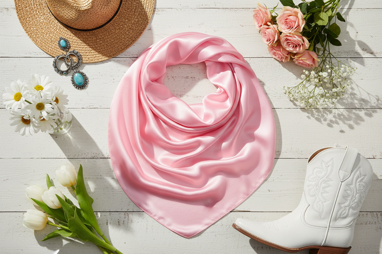 Light pink wild rag spring flat lay with fresh pink roses, white flowers, and white cowboy boots