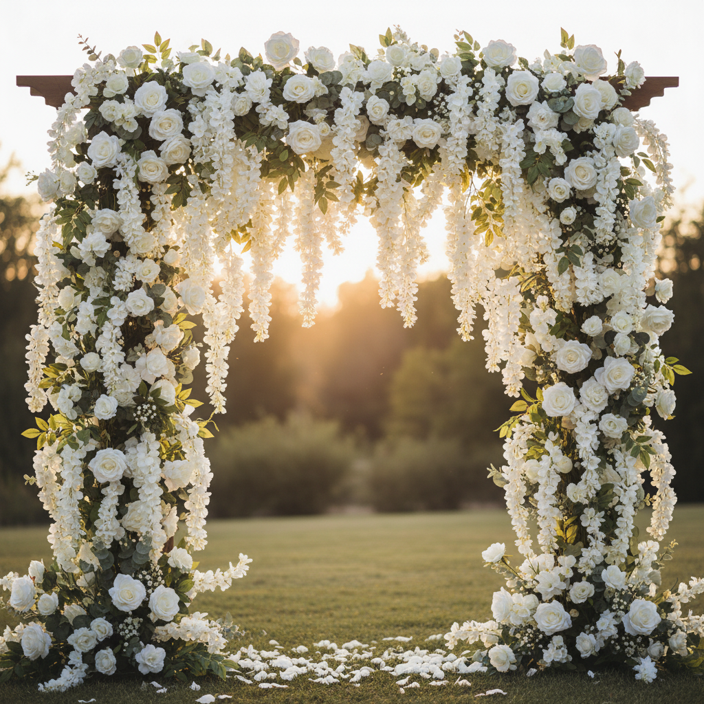 Artificial white wisteria stem mixed in a lush wedding arch floral backdrop with white roses, eucalyptus, and baby's breath