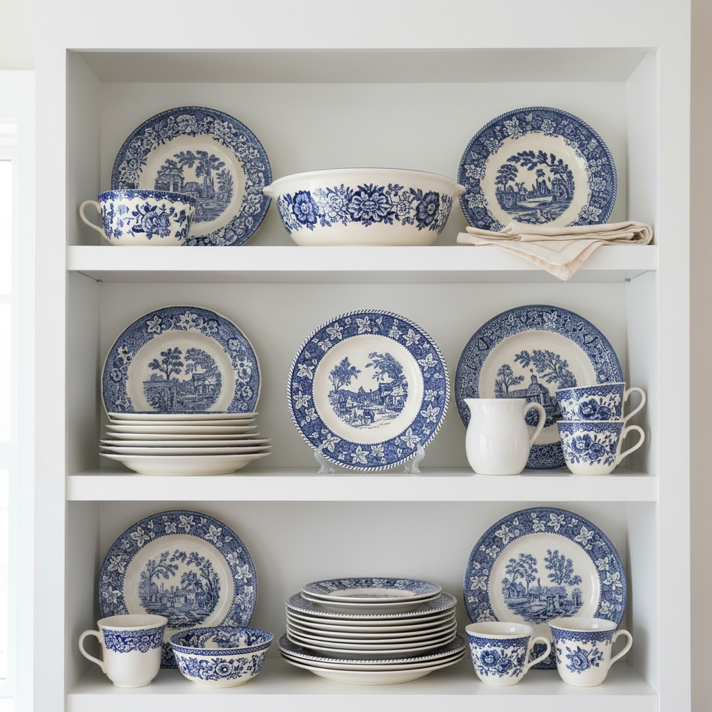 Vintage Homer Laughlin Shakespeare Country dinner plate displayed on open white kitchen shelving with blue and white collection