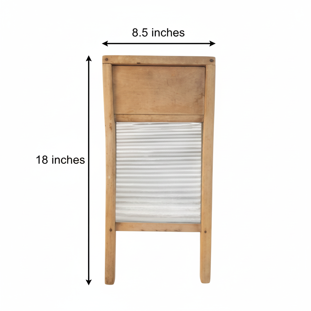 Vintage Victory No. 508 washboard measurement diagram showing 18 inches tall x 8.5 inches wide on white background