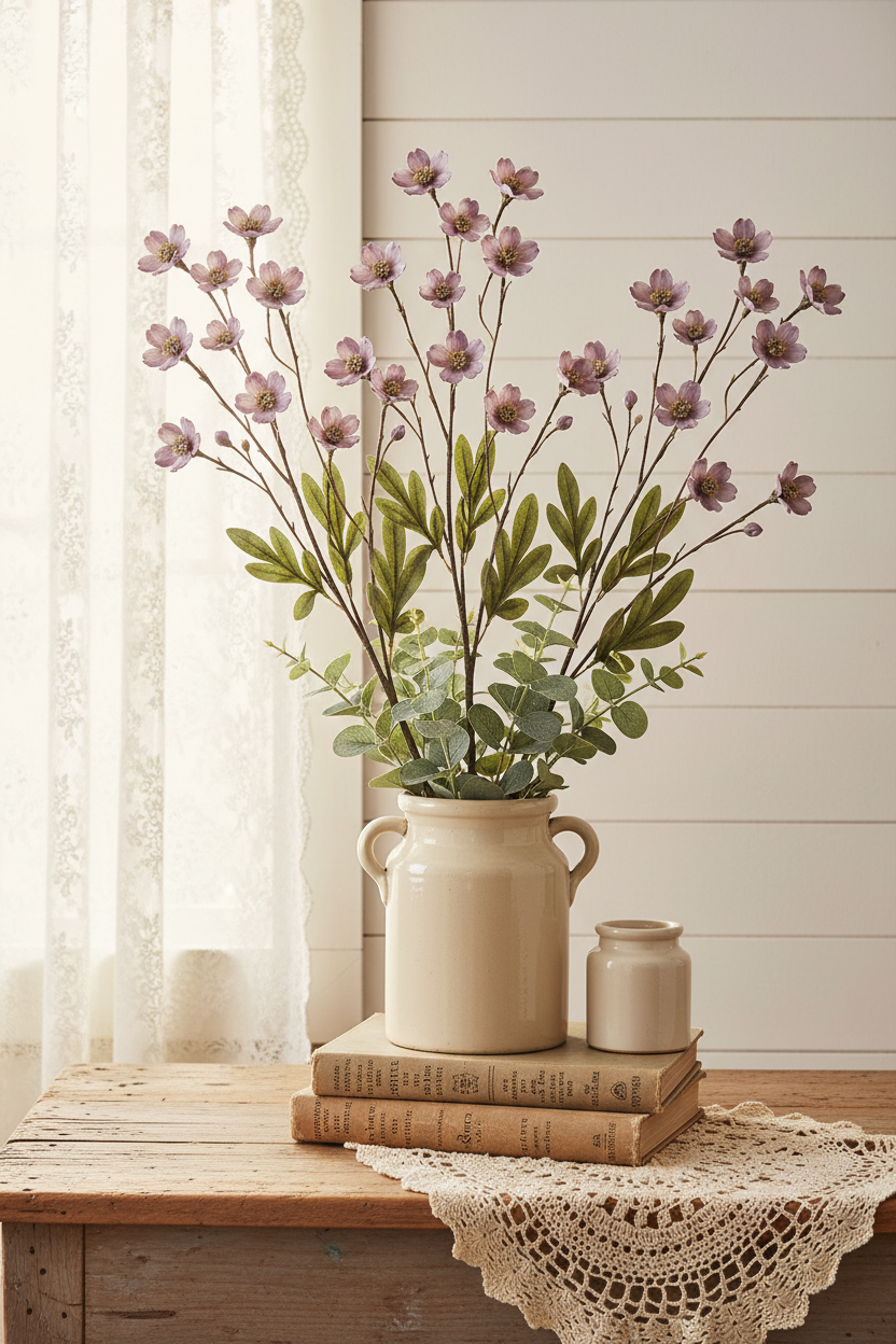 Artificial dusty lavender purple dogwood flower stems arranged in a cream stoneware crock on a weathered wood table with white shiplap background, cottagecore home decor style