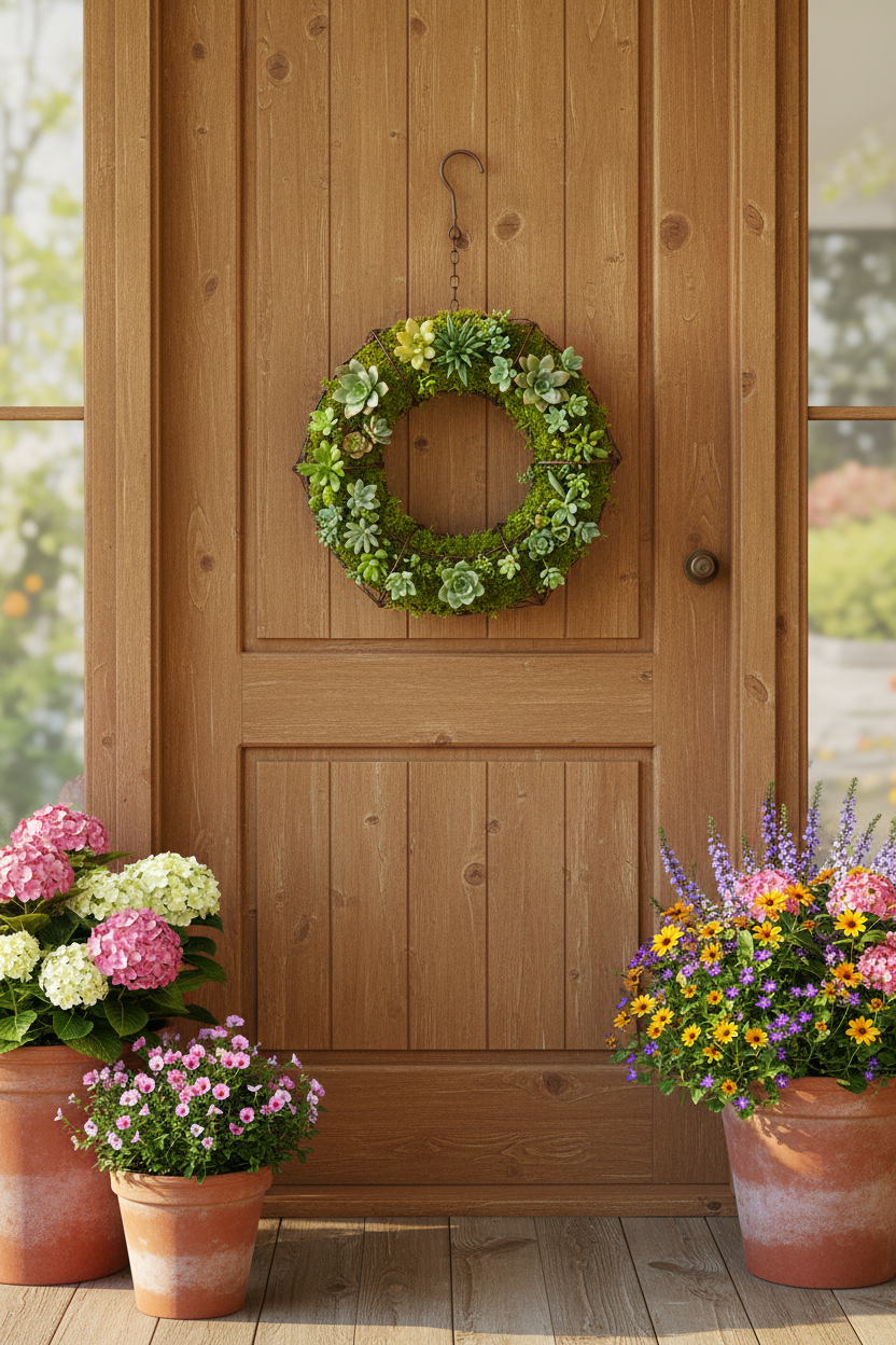 Rustic wire wreath basket with moss and succulents hanging on a cottage front door with potted flowers on a garden porch
