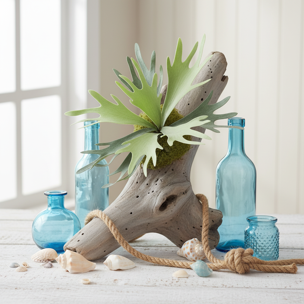 Artificial staghorn fern with antler-shaped green fronds mounted on natural driftwood styled with blue glass bottles, seashells, and rope accents on a whitewashed wood surface, coastal cottage wall decor