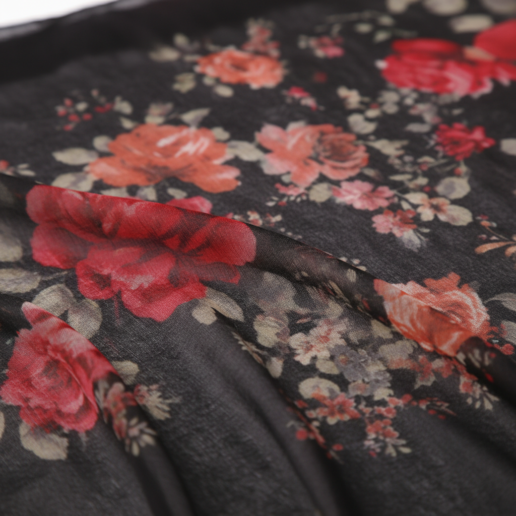 Close-up detail of black chiffon fabric with rich red and neutral floral print, sheer lightweight texture