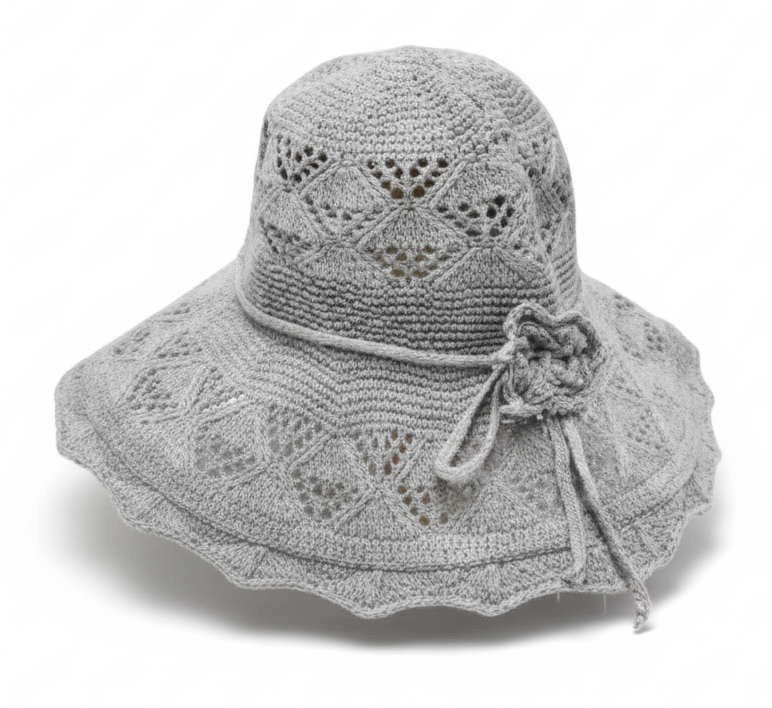 Wide Brim Foldable Sun Hat with Floral Detail - Gray Knit Women's Beach Hat