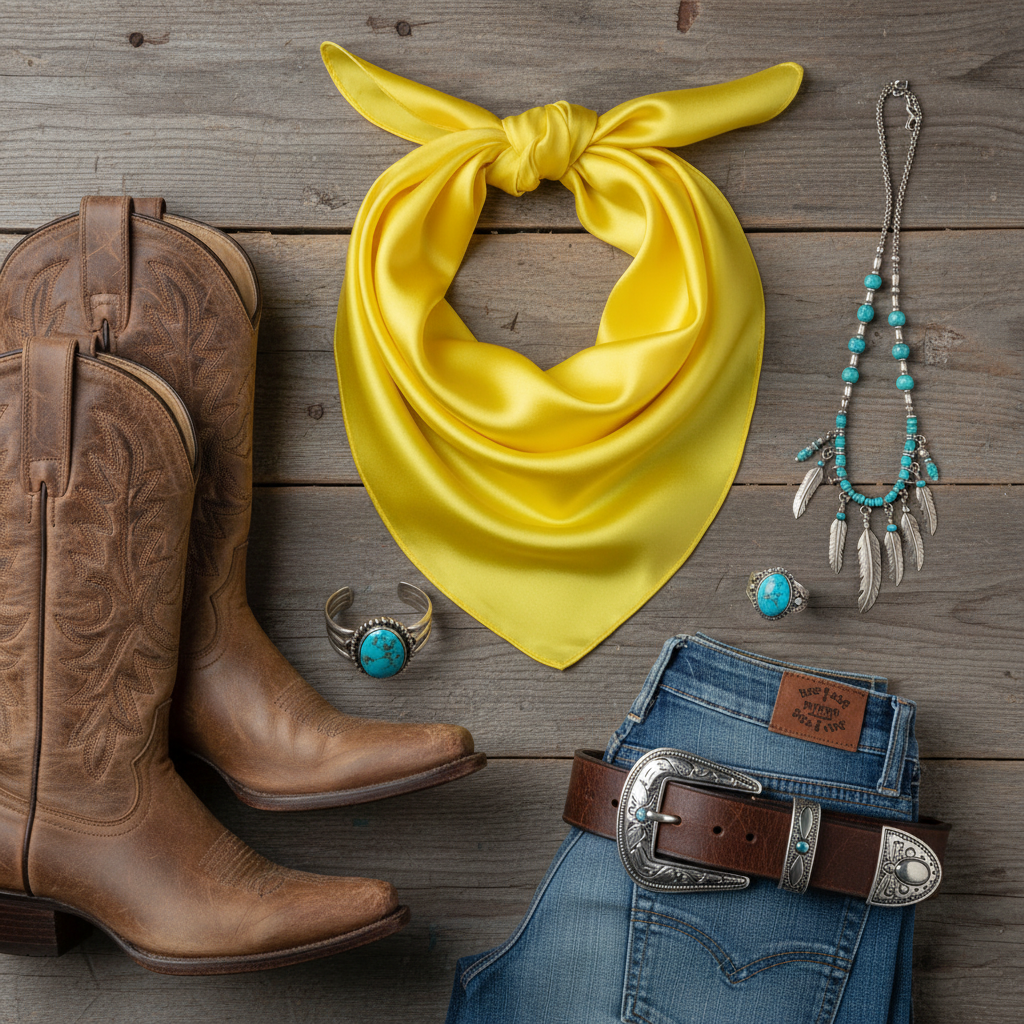 Flat lay of yellow wild rag scarf with brown leather cowboy boots, turquoise jewelry, leather belt, and denim on rustic wood