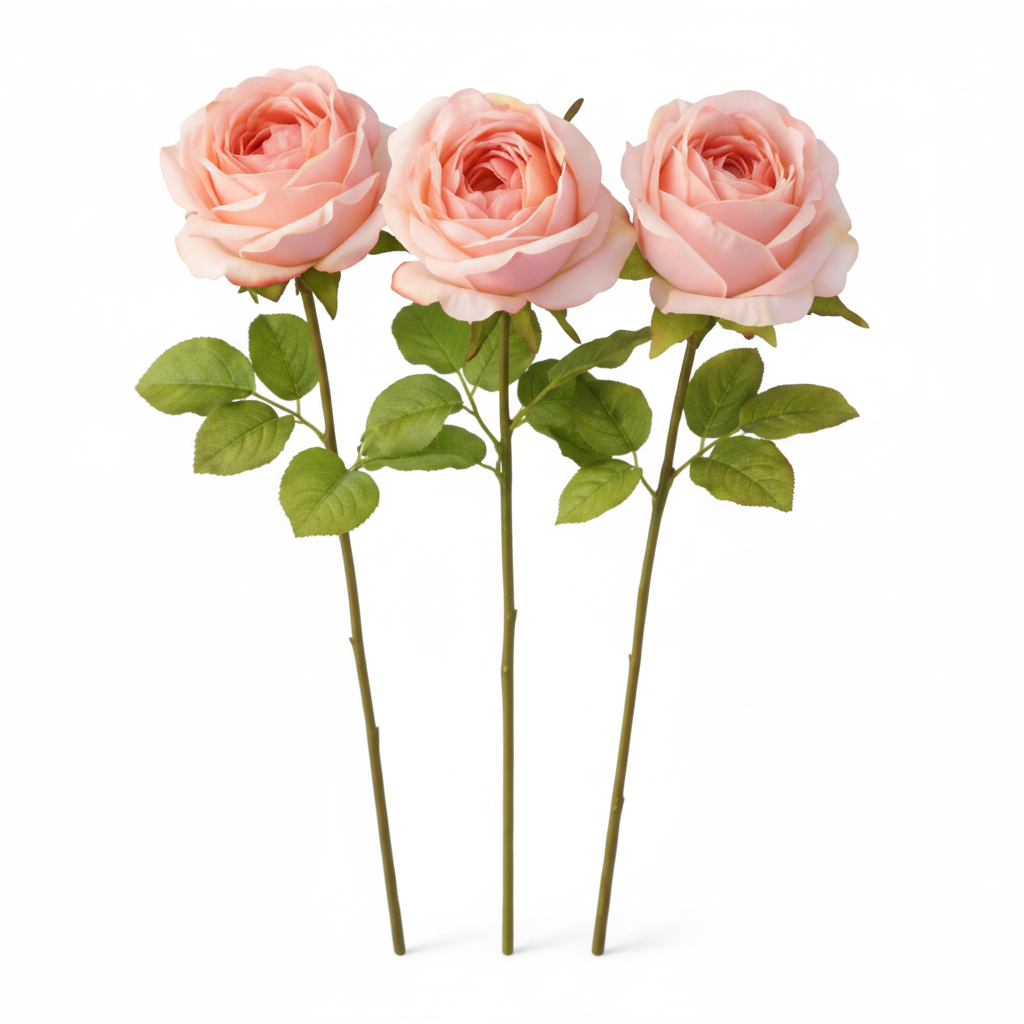 Flat lay of three blush pink artificial rose stems on white background showing full stem length and realistic fabric petal detail