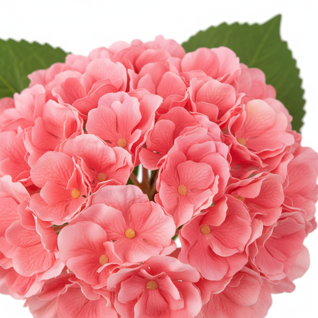 Close-up detail of coral pink artificial hydrangea bloom showing layered petals warm coral tones and soft pink undertones