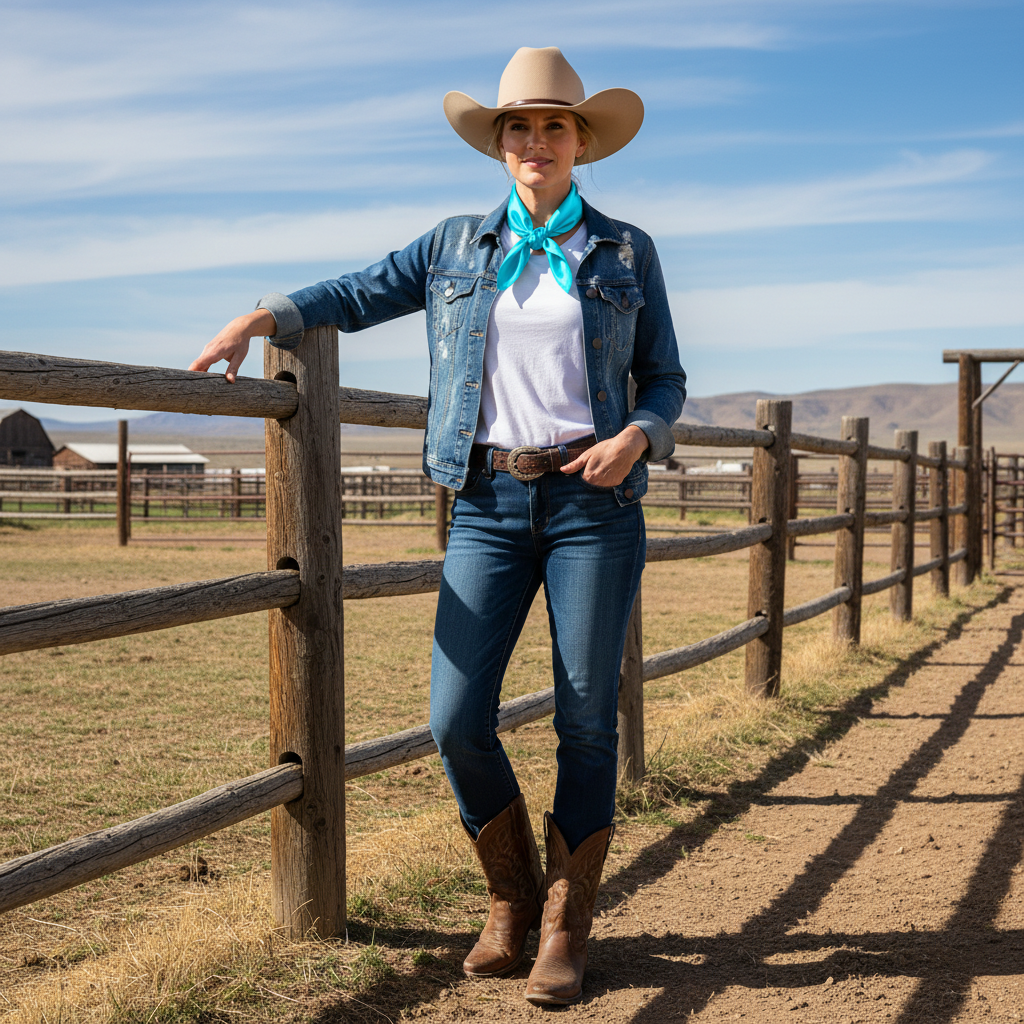 Woman wearing turquoise blue wild rag scarf in traditional cowboy style at western ranch with denim jacket and cowboy hat