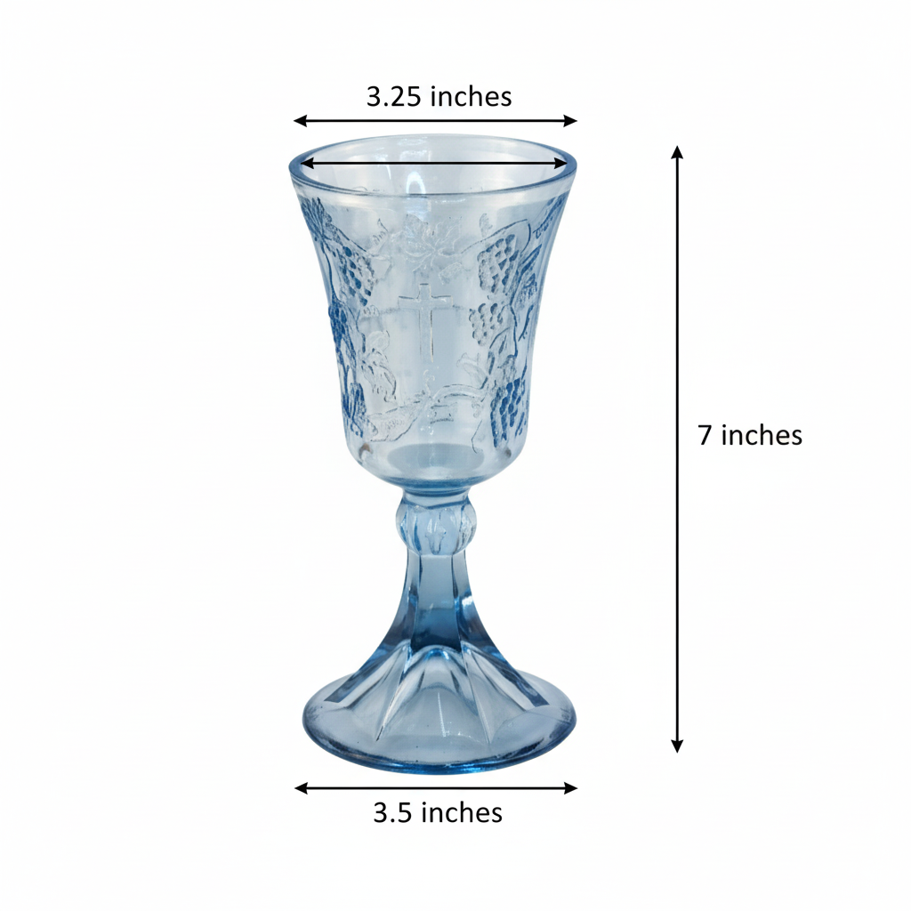 Measurement diagram showing blue communion chalice dimensions: 7 inch height, 3.25 inch top diameter, 3.5 inch base