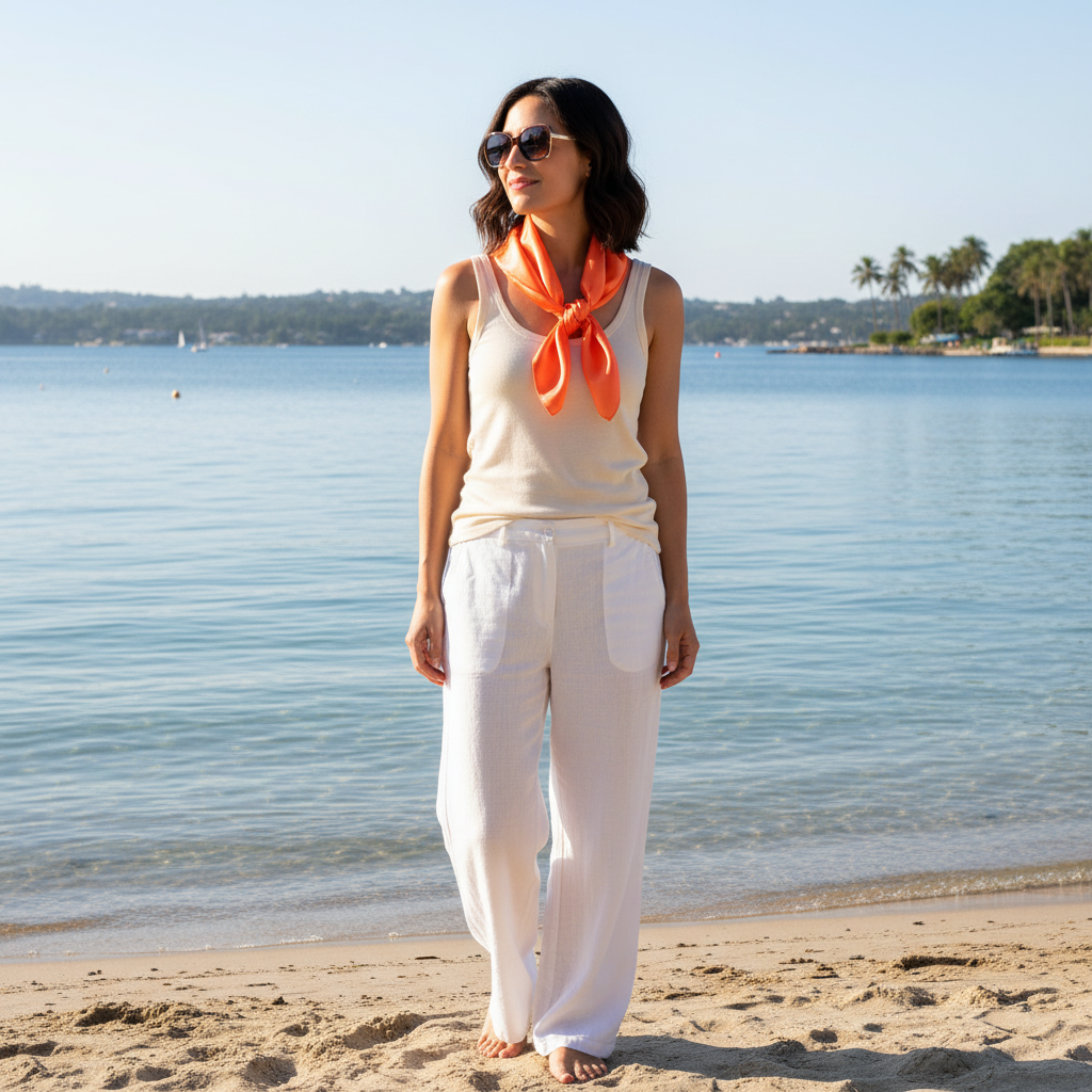 Summer lakeside lifestyle photo with woman wearing coral orange satin wild rag scarf, waterfront background