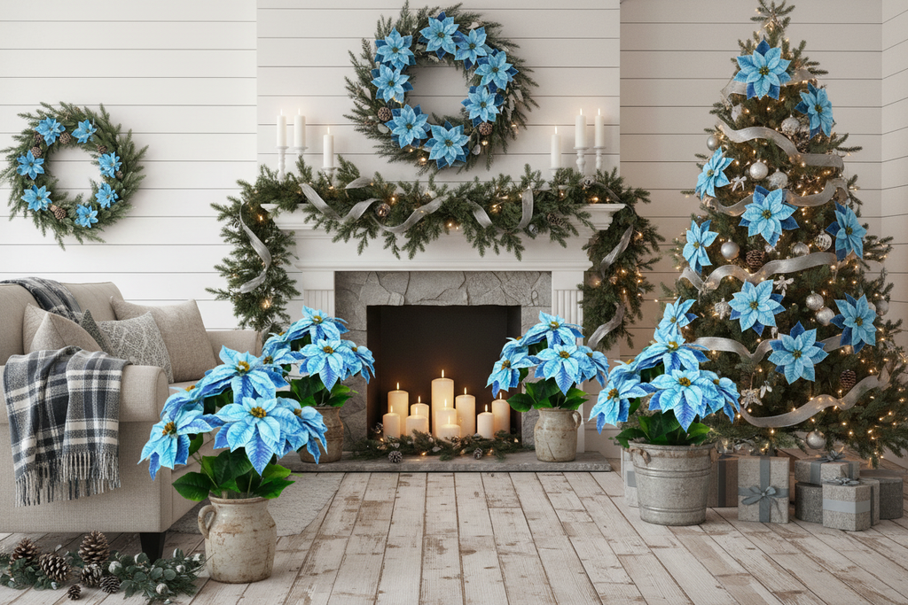 Cozy cottagecore Christmas living room fully decorated with icy blue poinsettia bushes in vases, mantel garland, Christmas tree, and wreath with silver ribbon and fairy lights