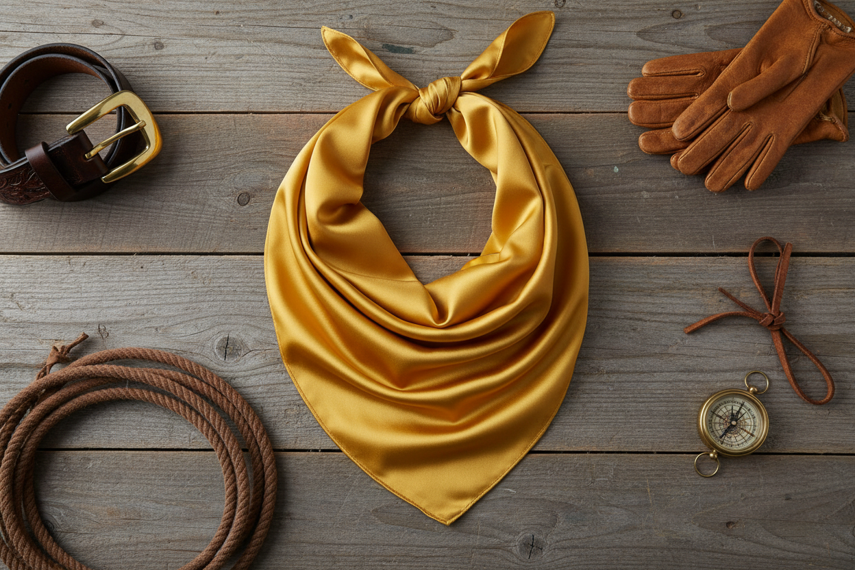 Bright gold wild rag flat lay with leather belt, brass buckle, and brown leather accessories on barn wood