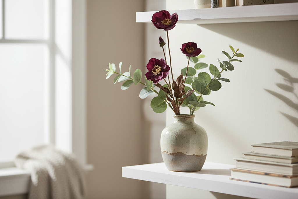 Dark purple artificial flower stems with eucalyptus in rustic ceramic vase, modern farmhouse styling