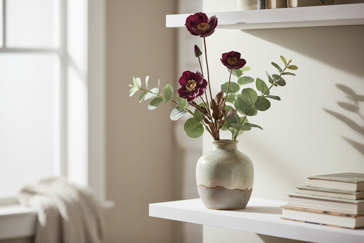 Dark purple artificial flower stems with eucalyptus in rustic ceramic vase, modern farmhouse styling