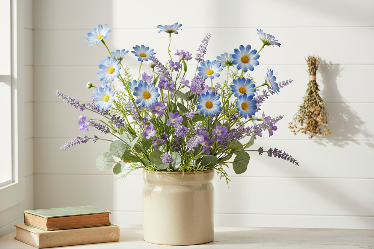 Artificial blue cosmos daisy flower stems set of 2 in cream stoneware crock, dusty blue ombre wildflowers cottagecore arrangement with lavender and violet wildflowers