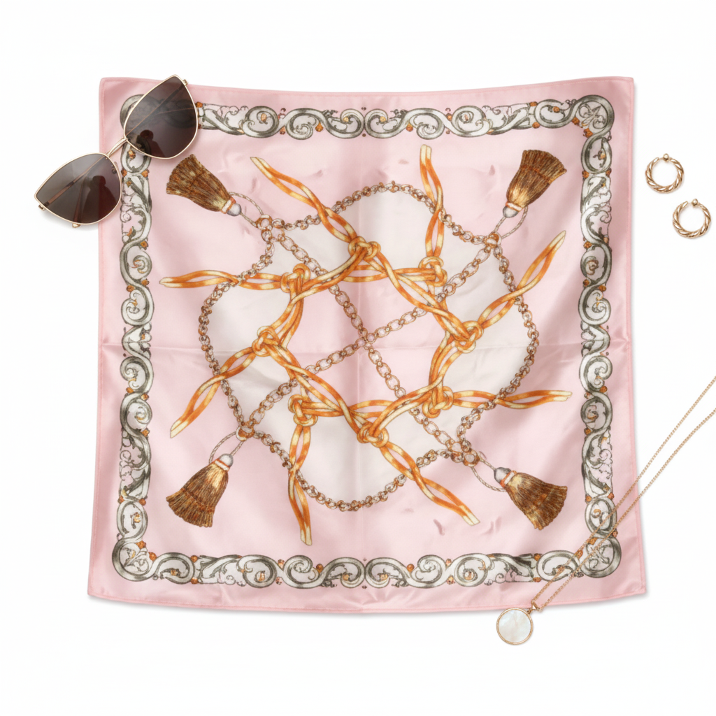 Flat lay styling of 20x20 inch square pink chain print satin scarf with fashion accessories on white background