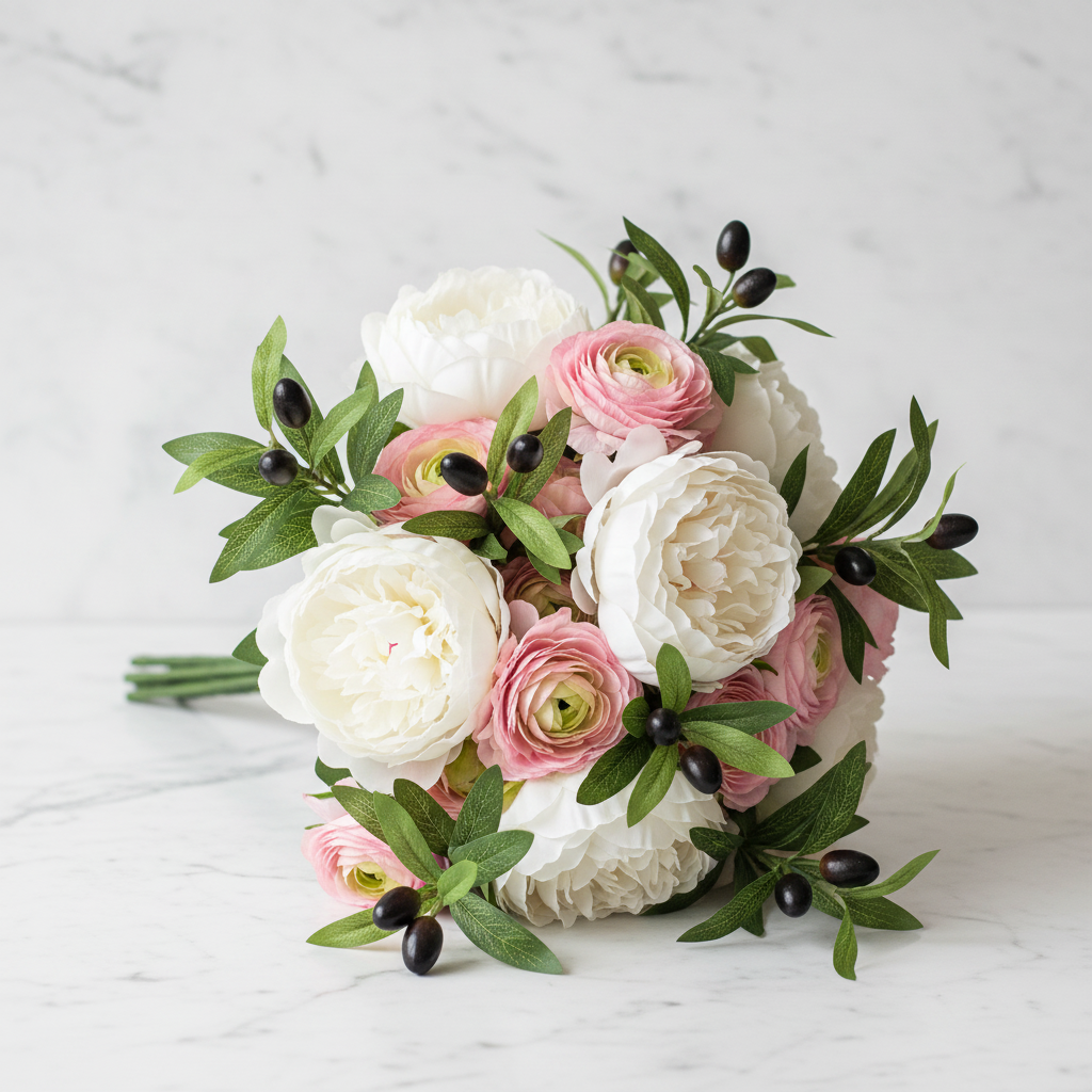 Artificial olive branch stems with dark berries styled with white peonies and blush ranunculus in romantic bridal arrangement on marble