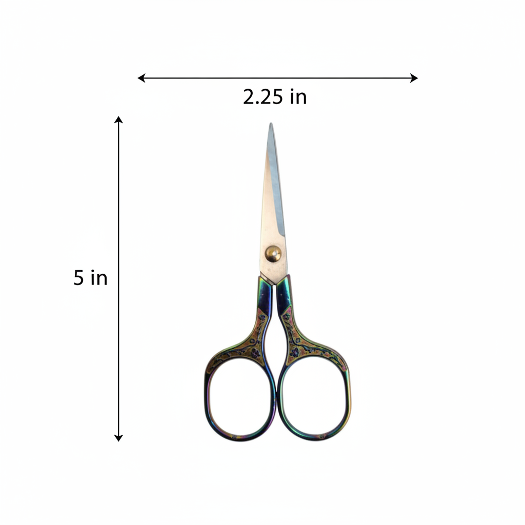 Ornate multicolor iridescent embroidery scissors measurement diagram showing 5 in height and 2.25 in width