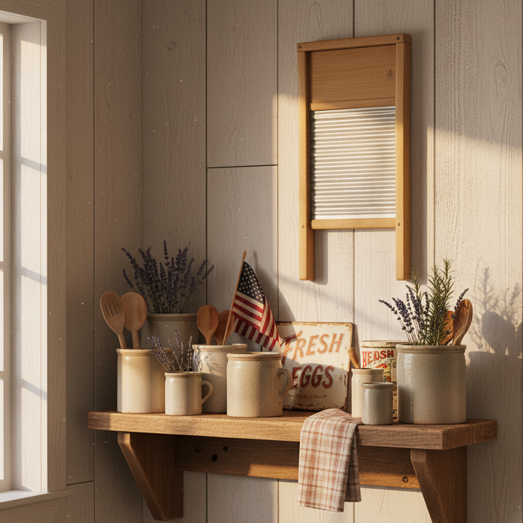 Vintage 1940s Victory washboard displayed as wall decor in rustic farmhouse kitchen alongside antique crocks and dried herbs, Americana collectible