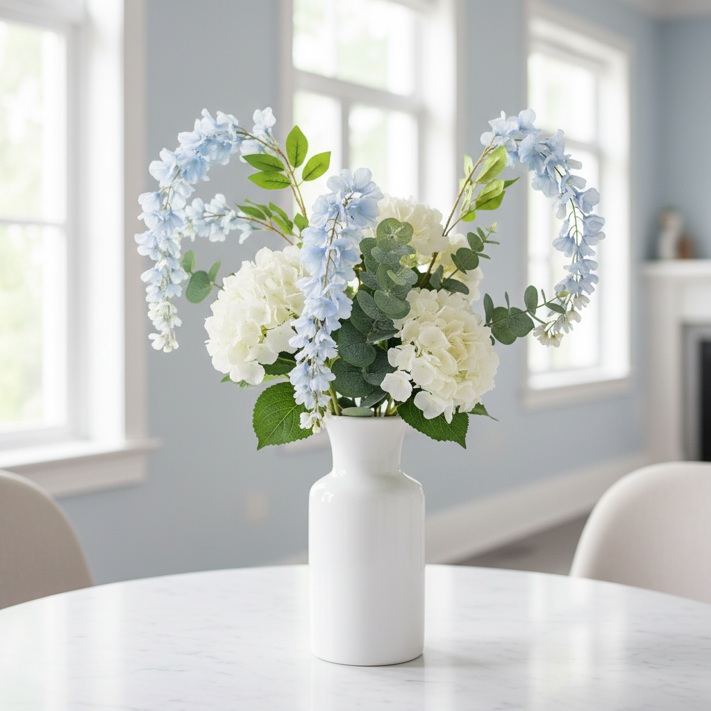 Artificial blue wisteria stem in a tall white ceramic vase with white hydrangeas and eucalyptus on a marble table