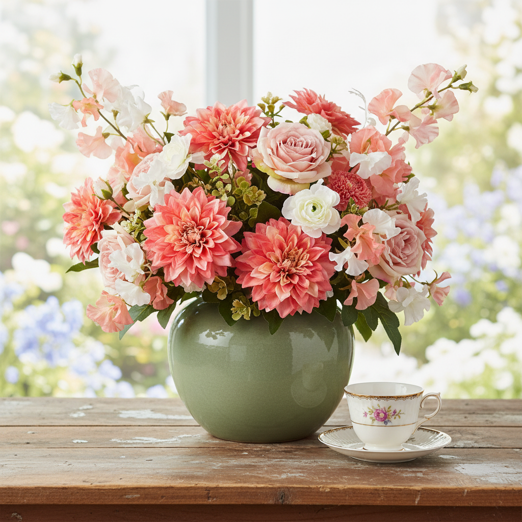 Faux coral pink dahlia stems in a cottagecore arrangement with peach sweet peas and blush roses in a sage green ceramic vase on a vintage wooden table