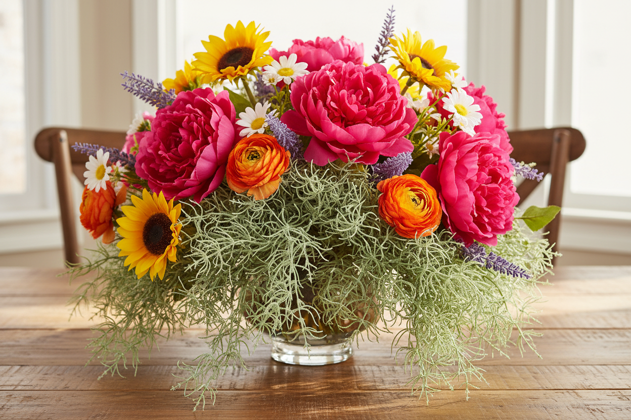 Artificial fern greenery bundle arranged in colorful floral centerpiece with pink peonies orange ranunculus yellow sunflowers purple lavender and white daisies in glass vase on rustic wood table