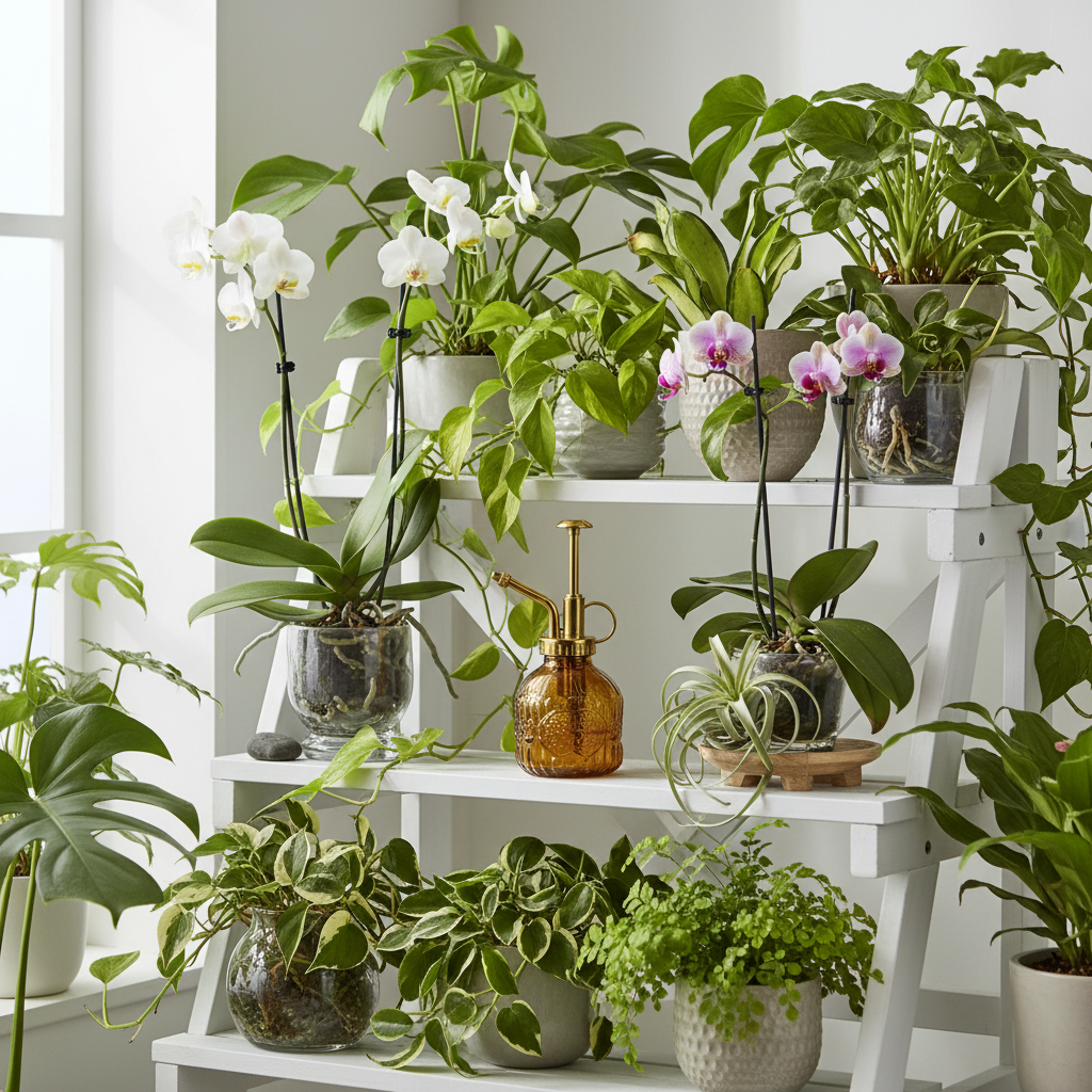 Amber glass plant mister on white plant shelf with houseplants, orchids, and air plants in bright botanical setting