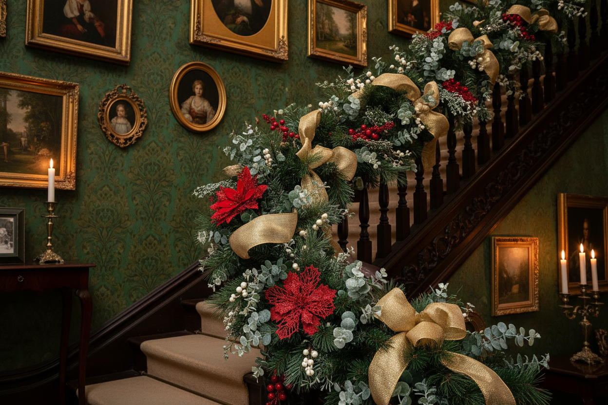 Red glitter poinsettia bloom heads and berry clusters used as small accent picks woven into a lush Victorian Christmas garland on a grand staircase banister with gold ribbon and candlelight