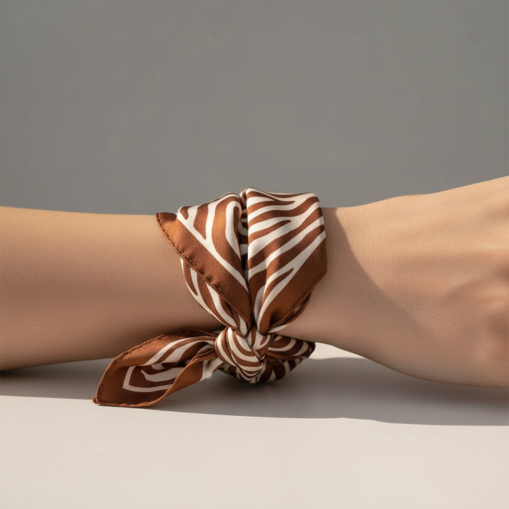 Brown cream zebra print square scarf wrapped around wrist as stylish bracelet accessory