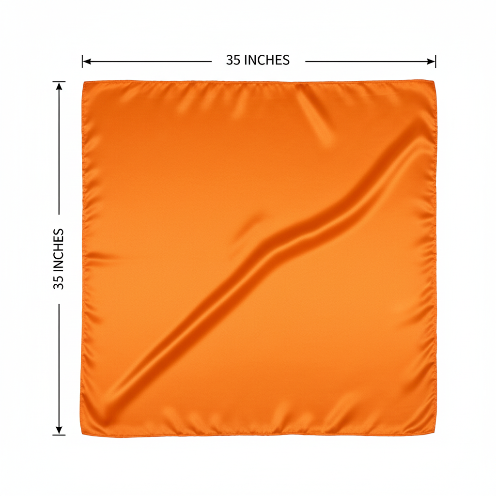 Orange wild rag scarf measurement diagram showing 35 inches by 35 inches dimensions