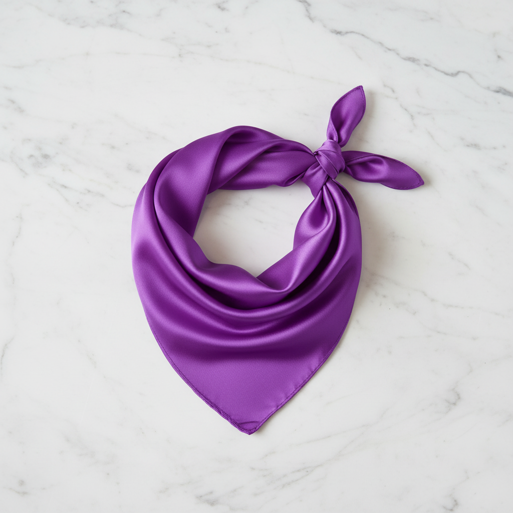 Violet purple satin wild rag scarf folded on white marble showing vibrant color
