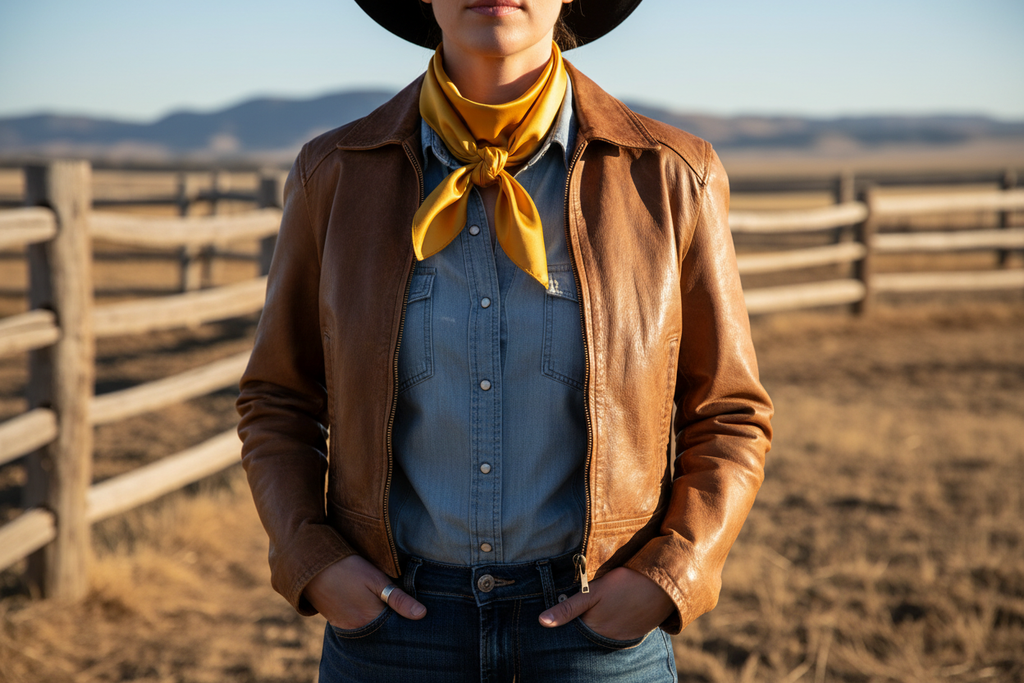 Golden yellow wild rag scarf styled as traditional cowboy neck scarf with denim shirt and leather jacket at ranch