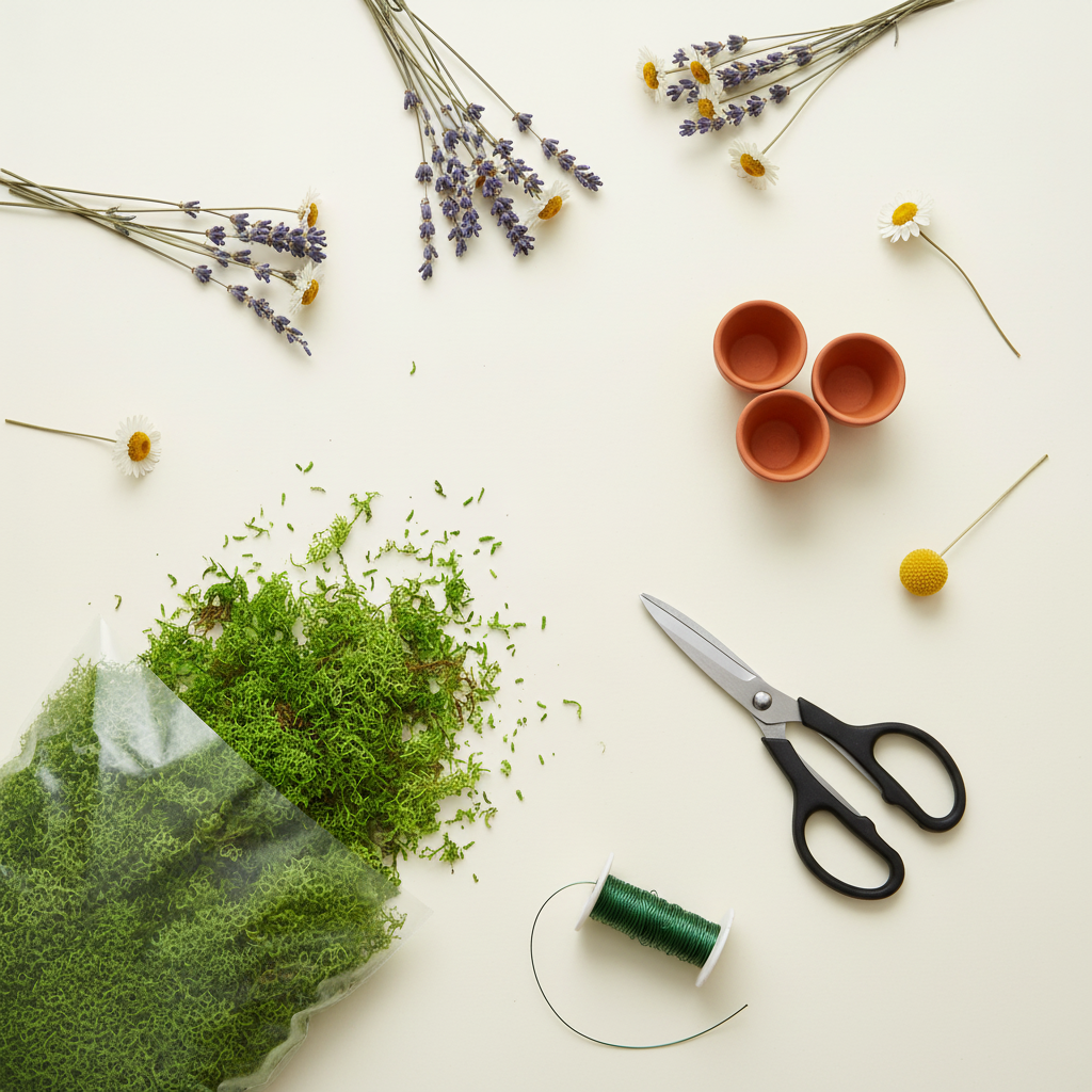 Flat lay of artificial green decorative moss with craft supplies including scissors, floral wire, small terracotta pots, and dried flowers on a cream surface