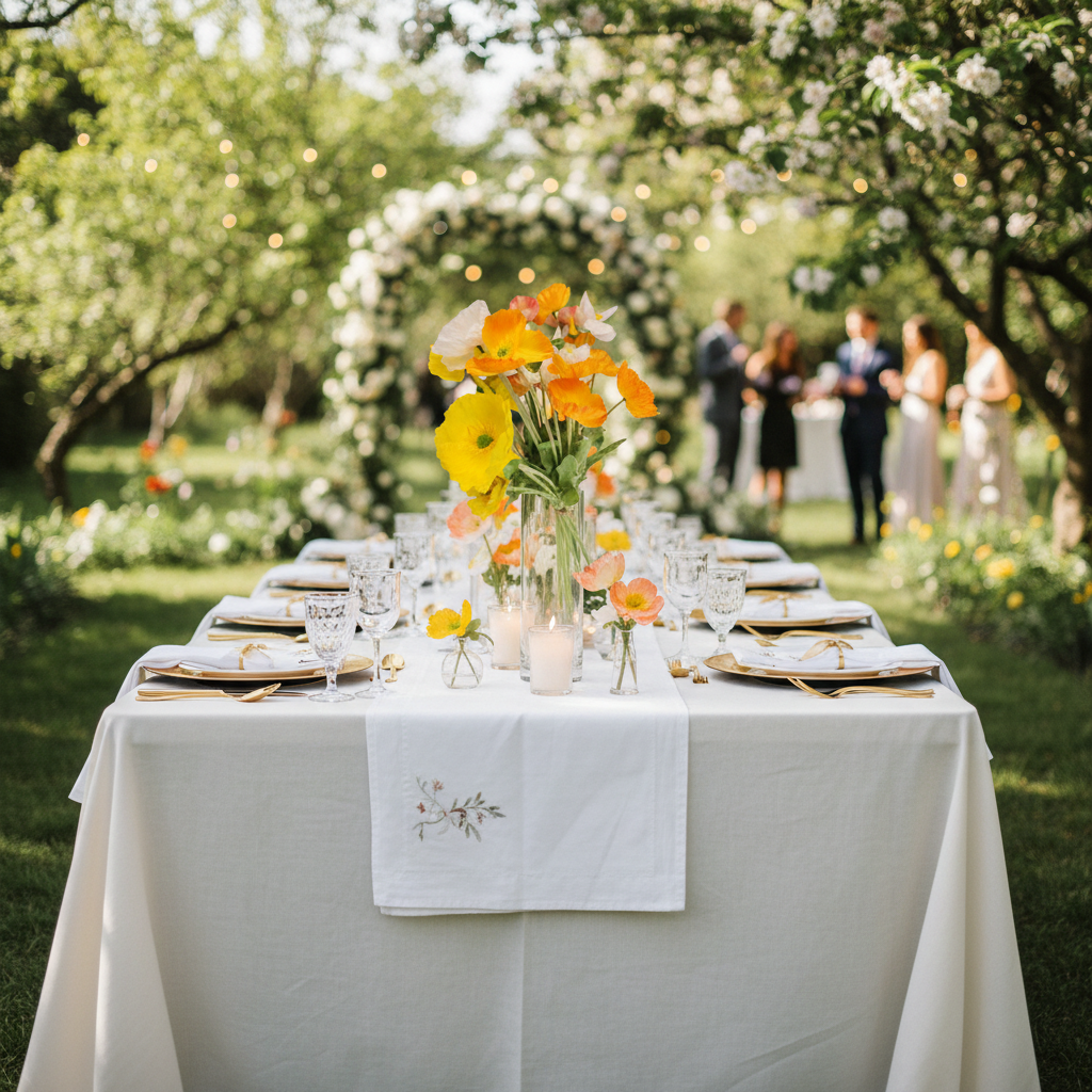 Spring wedding tablescape featuring silk poppy centerpiece in yellow, orange and peach tones with elegant table setting and gold flatware