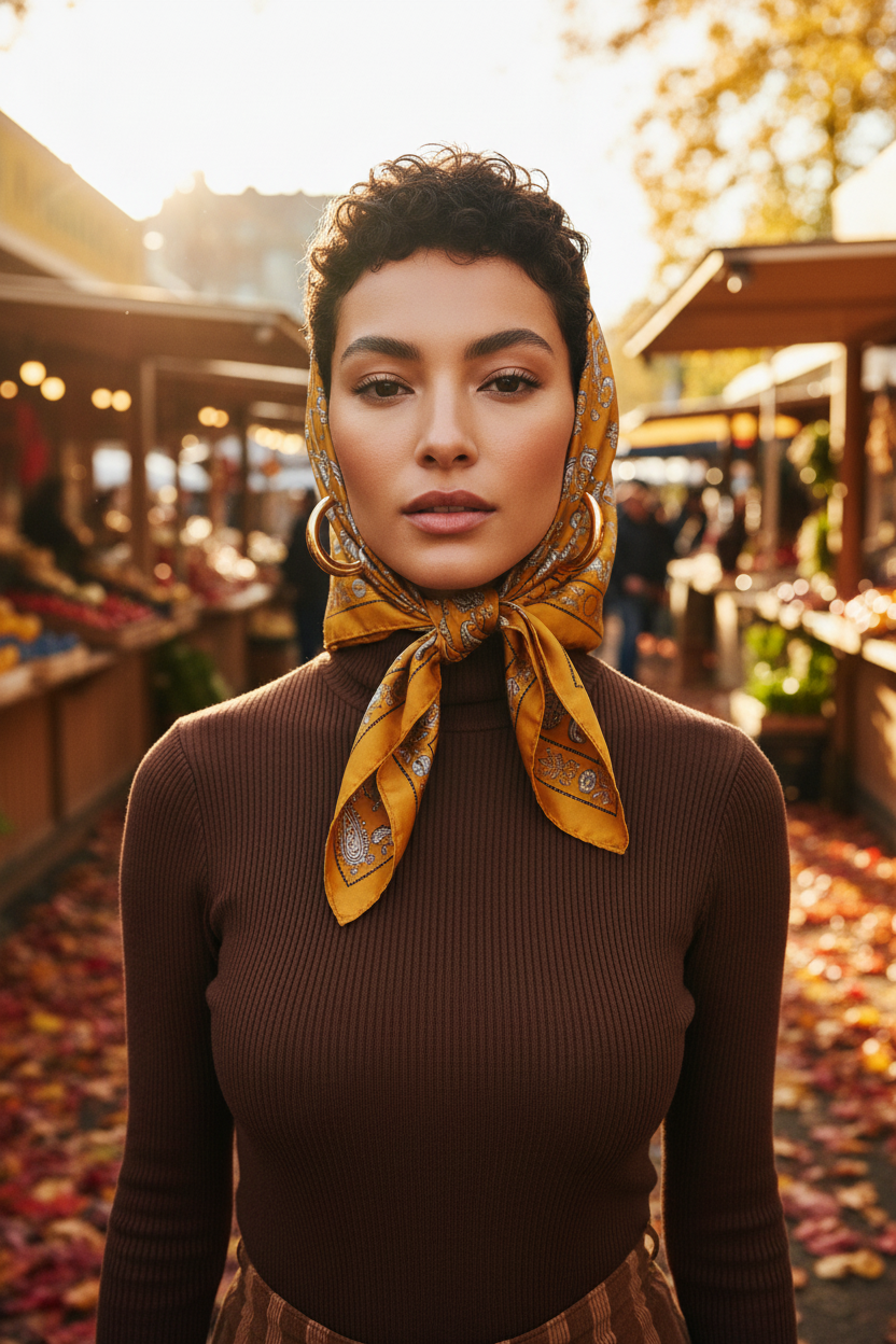 Woman with medium olive skin and short dark curly hair wearing mustard gold satin paisley scarf as a vintage head scarf tied under the chin in a chocolate brown turtleneck at a warm autumn outdoor market