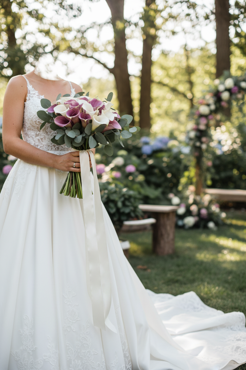 Wedding bridal bouquet with lavender purple and white calla lily stems and eucalyptus greenery tied with silk ribbon