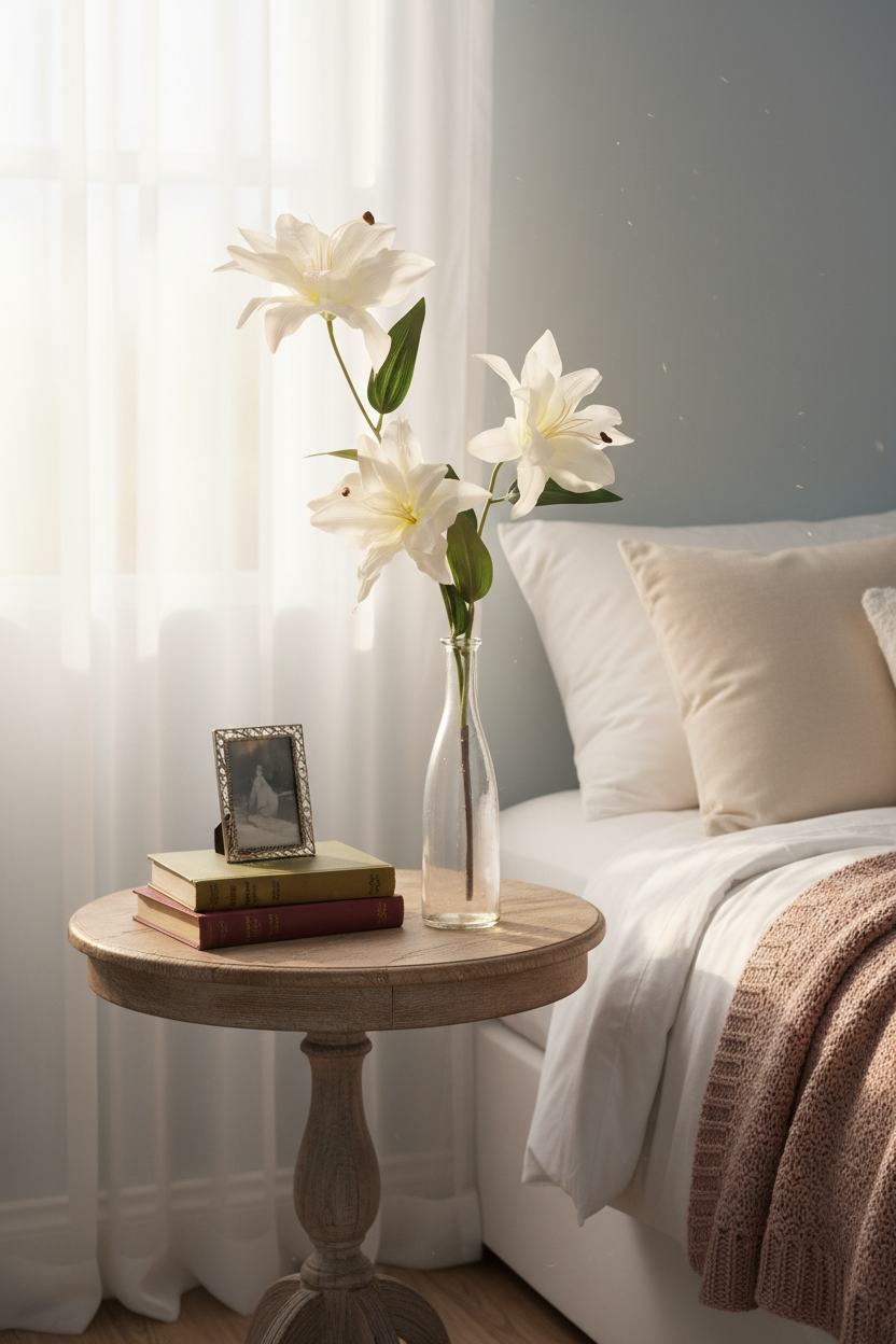 White lily stems in clear glass vase on bedside table with vintage books, serene peaceful bedroom decor