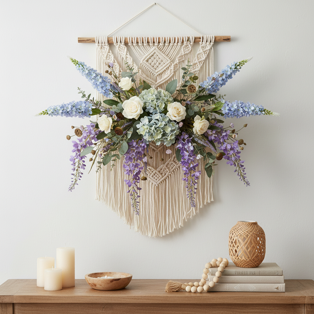 Light blue snapdragon larkspur spike stems in a boho macramé wall hanging with blue hydrangeas, lavender, purple wisteria, ivory roses and eucalyptus